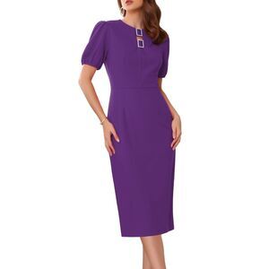 Women's Sheath Dress Puff Sleeve Keyhole Round Neck Midi Pencil Dress Purple